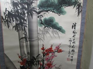 Vintage Large Chinese Scroll Painting On Silk Depicting Bamboo 8