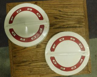 2 Vintage Red & White 10.  5 " Ford Truck Hubcaps