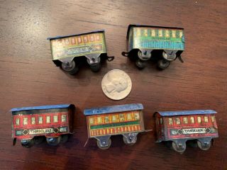 Antique 5 Tiny Tin Toy Train Cars - Made In Japan - Penny Toy