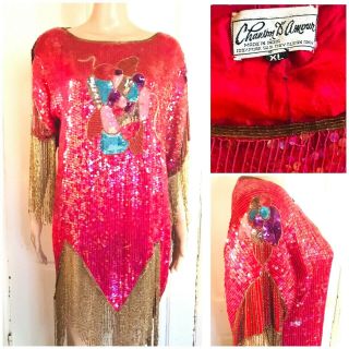 Vintage 80s Chanson D’amour Sequin Beaded Silk Flapper Disco Party Dress Fringe