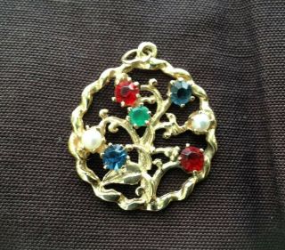 Vintage 14k Gold Tree Of Life Round Pendant W/various Multi Gemstones Gems