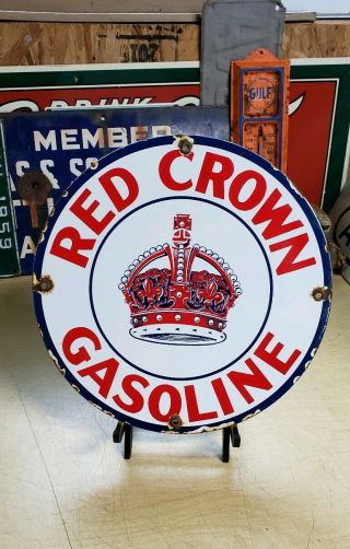 Red Crown Gasoline Porcelain Sign High Octane Vintage Gas Pump Plate