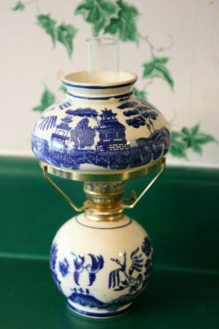 Vintage 5 - Pc Blue Willow 9 " Tall Oil Lamp Marked Japan