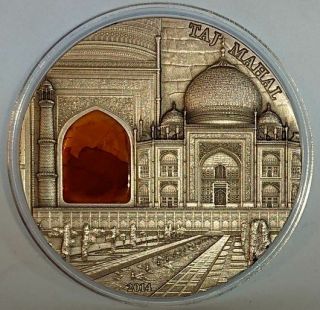 Palau 2014 10$ Taj Mahal - Mineral Art Amber 2 Oz Antique Silver Coin