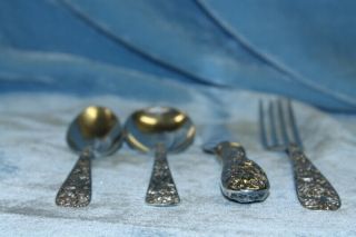 vtg S KIRK & SON REPOUSSE 4pc place setting STERLING SILVER FLATWARE 4