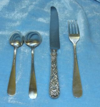 vtg S KIRK & SON REPOUSSE 4pc place setting STERLING SILVER FLATWARE 5