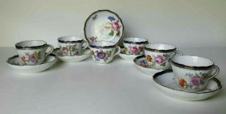 Set 6 Antique Meissen Demitasse Cup & Saucer - Cobalt Trim W/ Flowers - Germany