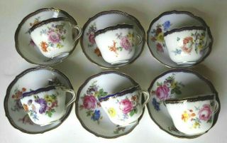 Set 6 Antique Meissen Demitasse Cup & Saucer - Cobalt Trim w/ Flowers - Germany 2
