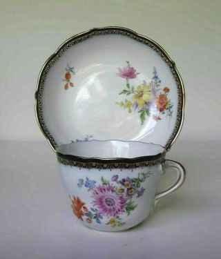 Set 6 Antique Meissen Demitasse Cup & Saucer - Cobalt Trim w/ Flowers - Germany 5