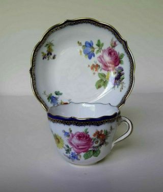 Set 6 Antique Meissen Demitasse Cup & Saucer - Cobalt Trim w/ Flowers - Germany 7