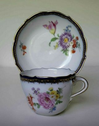 Set 6 Antique Meissen Demitasse Cup & Saucer - Cobalt Trim w/ Flowers - Germany 8