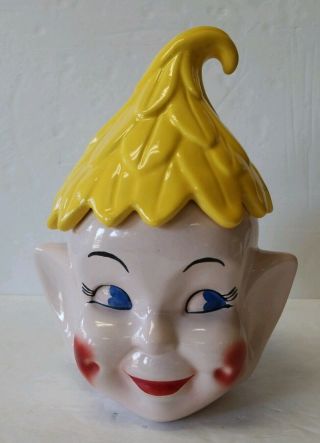 Vintage Yellow Elf Pixie Head Ceramic Cookie Jar