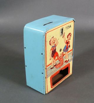 1930s German Coin Dime Money Box Safe Still Bank Litho Tin Toy Kids &Teddy Bear 3