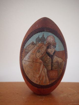 Antique Old Russian Carved Painted Imperial Couple Wood Folk Art Decorative Egg
