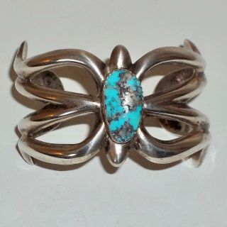 Vintage Navajo Sandcast Silver Turquoise Cuff Bracelet Heavy 68 Grams
