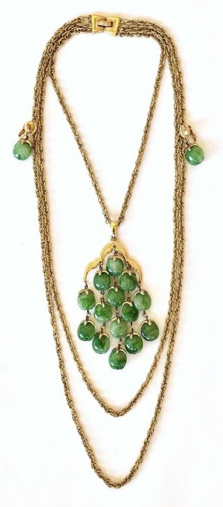 Vtg 16” Trifari Gold Tone Jade Green (lucite) Bead Waterfall Necklace & Earrings