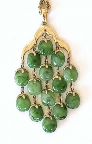 Vtg 16” Trifari Gold Tone Jade Green (lucite) Bead Waterfall Necklace & Earrings 2