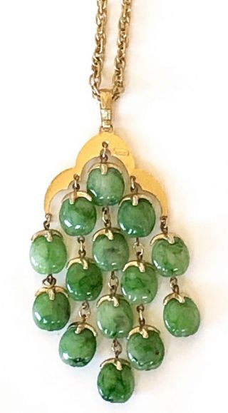 Vtg 16” Trifari Gold Tone Jade Green (lucite) Bead Waterfall Necklace & Earrings 3