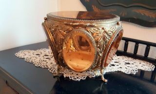 Vintage Gold Gilt Ormolu 6 Sided Jewelry Casket Jewelry Box Amber Beveled Glass