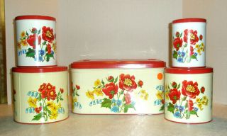 Vintage Parmeco 9 Piece Canister Breadbox Set Poppies Blossoms Flowers