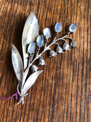 Antique Sterling Silver Brooch Lily Of Valley Gemstones