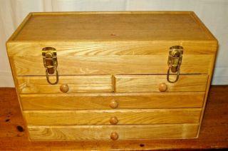 Vintage Wooden Oak Tool Box W/ 5 Drawers
