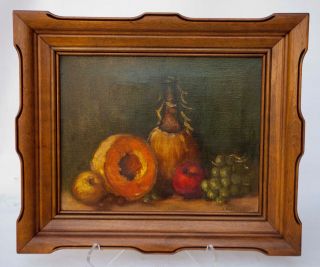 Vintage Mid Century Oil On Canvas Still Life Fruit Wine Painting.  19 " X 16 "