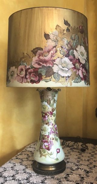 Antique Nippon Moriage Floral Lamp W/ Hand Painted Reticulated Shade 35  Tall