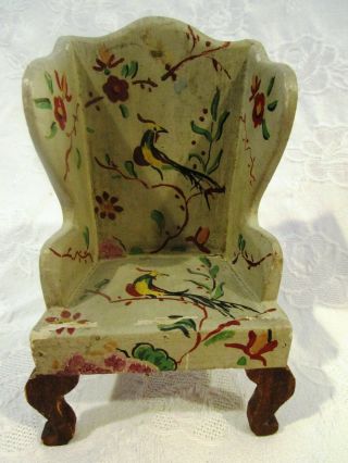 Older / Vintage Dollhouse Miniature Wingback Hand Painted Chair - Floral,  Birds
