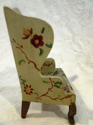 OLDER / VINTAGE DOLLHOUSE MINIATURE WINGBACK HAND PAINTED CHAIR - FLORAL,  BIRDS 5