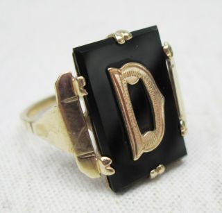 Antique Victorian 9ct Gold Initial D Black Onyx Mourning Ring Size M