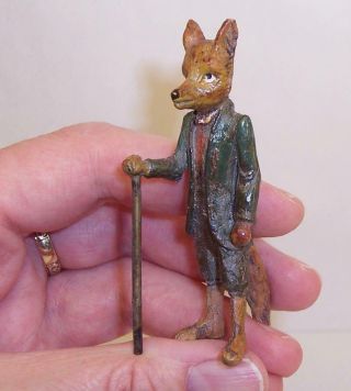 Vintage Cold Painted Bronze Miniature Mr Fox With Walking Stick Anthropomorphic