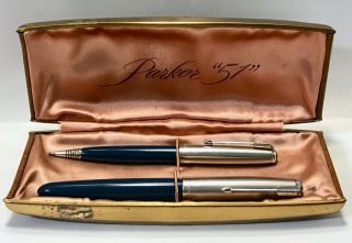 Vintage Parker 51 Pen And Pencil Set In Case Teal Blue & Stainless