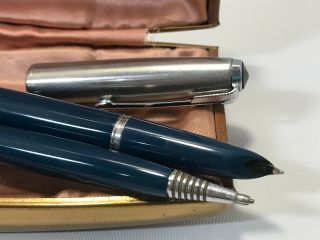 Vintage Parker 51 Pen and Pencil Set In Case Teal Blue & Stainless 5