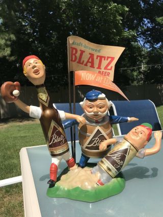 Vintage Blatz Beer Baseball Statue Safe At Home With Flags -