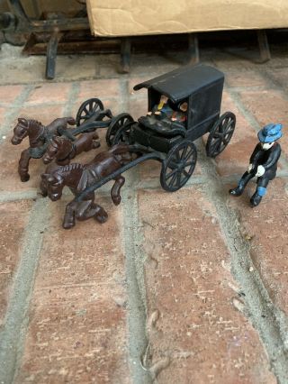 Kenton Antique Cast Iron Horse Drawn Carriage Toy Set.