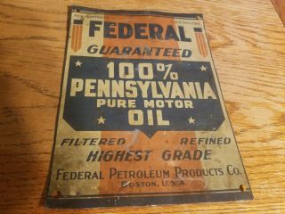 Rare Vintage Federal Pure Motor Oil Metal Tin Sign Old Gas Station Boston Usa