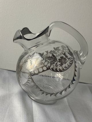 Antique Sterling Silver Overlay Flower Etched Glass Water Pitcher Vase