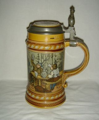 Quality Vintage Collectable Mettlach Lidded Tankard Tavern Scene - ½ Ltr Signed