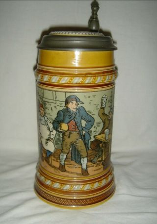 QUALITY VINTAGE COLLECTABLE METTLACH LIDDED TANKARD TAVERN SCENE - ½ LTR SIGNED 2