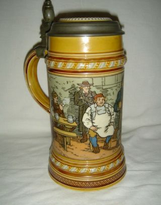 QUALITY VINTAGE COLLECTABLE METTLACH LIDDED TANKARD TAVERN SCENE - ½ LTR SIGNED 3