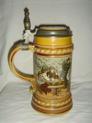 QUALITY VINTAGE COLLECTABLE METTLACH LIDDED TANKARD TAVERN SCENE - ½ LTR SIGNED 4