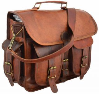 16 " Mens Real Goat Leather Vintage Brown Messenger Shoulder Laptop Bag Briefcase