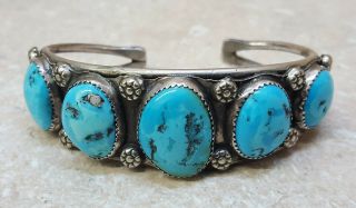 Vintage Old Silver 5 Blue Turquoise Stones Native American Indian Bracelet Cuff