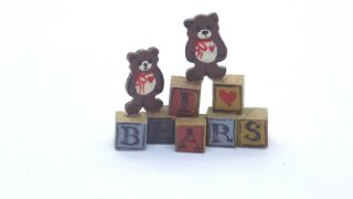 Karen Markland Artisan Dollhouse Miniature 1:12 Bears Wood Block Signed Igma