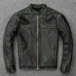 Men’s Retro Cafe Racer Vintage Distressed Black Real Leather Biker Jacket