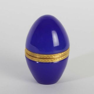 French Opaline Glass Box Egg Dark Blue Ornamented Gold Metal Vintage Casket
