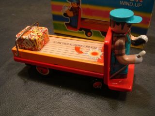 Vintage Wind Up Tin Lithographed Flat Bed Baggage Truck