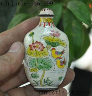 3 " China Fengshui Bronze Cloisonne Mandarin Duck Lotus Flower Love Snuff Bottle