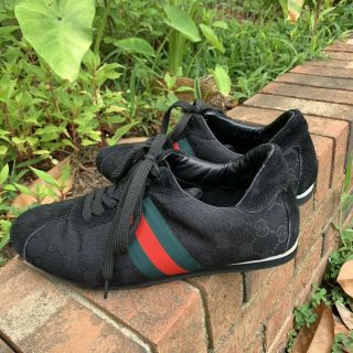 Vintage Gucci Womens Canvas Suede Logo Sneakers 117706 Sz 9 Black Leather Gg